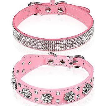 2 Pieces Pu Leather Dog Collar Pink Rhinestone Pet Collar Flower Pattern Studded Dog Collar Adjustable Bling Puppy Collar Pu Leather Crystal Pet Colla