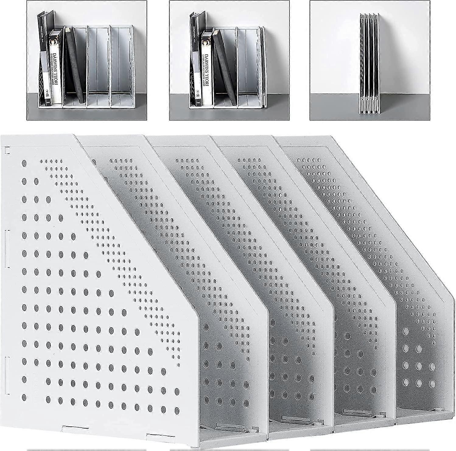 מחזיק קובץ A4 מדף ספרים מתקפל, 4 תאים אנכיים מחזיק קובץ מגזין, מארגן שולחן (אפור בהיר)