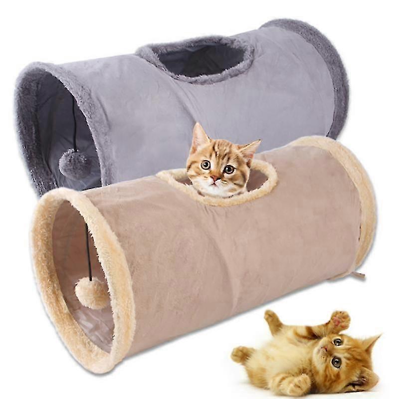 2PCS Collapsible Cat Tunnel, Cat Toys Play Tunnel Durable Suede Hideaway Pet Crinkle Tunnel With Ball Khakiand GREY