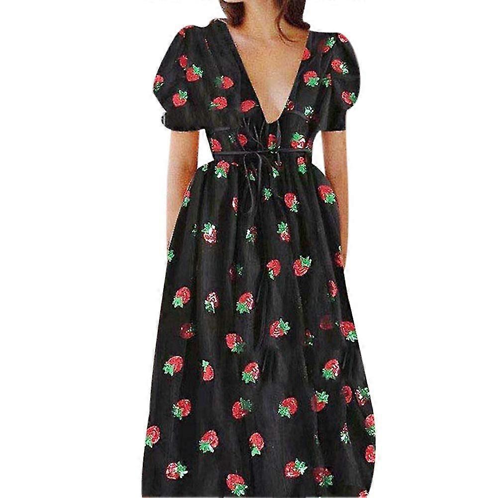 Damesmode Aardbeienprint Diepe V Mesh Cocktail Party Jurk