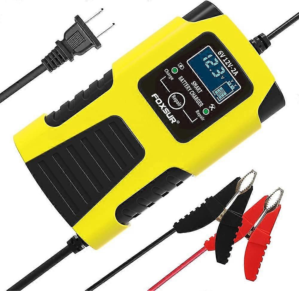 2-amp Fully-automatic Smart Charger, 6v And 12v Battery Charger, Battery Maintainer, Trickle Charger, Battery Desulfator, Yellow