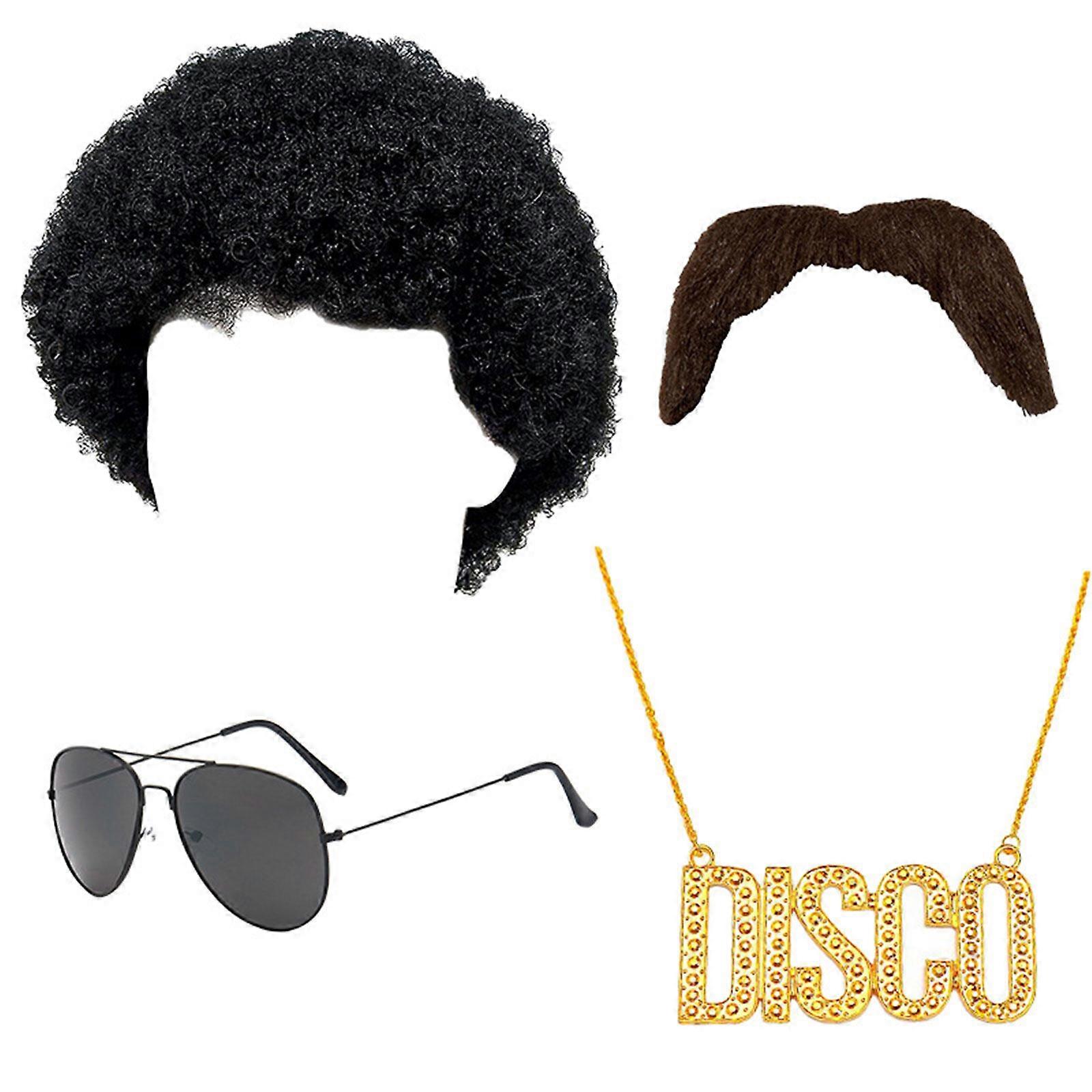 Upouusi pukusetti Lyhyt kihara afroperuukki aurinkolasit Tekokultainen kaulakoru Tekoviikset 70-luvun diskojuhliin