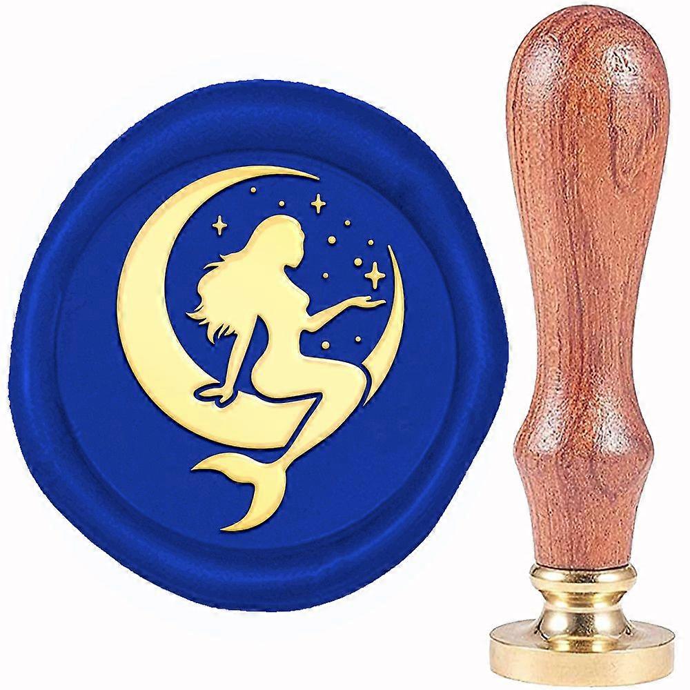 Brass Wax Seal Stamp with Wood Handle Golden for DIY Scrapbooking Mermaid Pattern 20mm