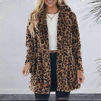 Casaco Feminino de Outono Estampa de Pelúcia Estampada Manga de Lapela à Prova de Vento à Prova de Frio L Khaki