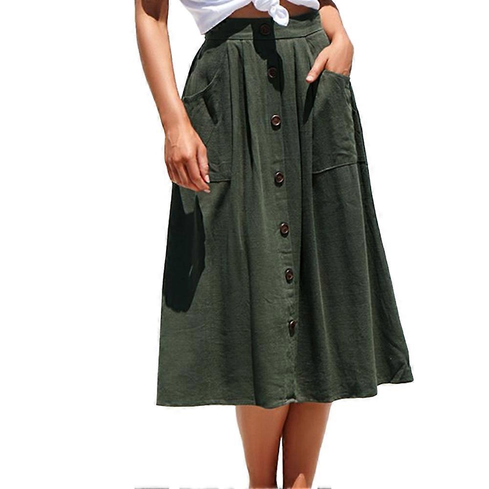 Divat Női Nyári Gomb Dekoráció Szoknya Egyszínű zsebszoknya (Army Green L)