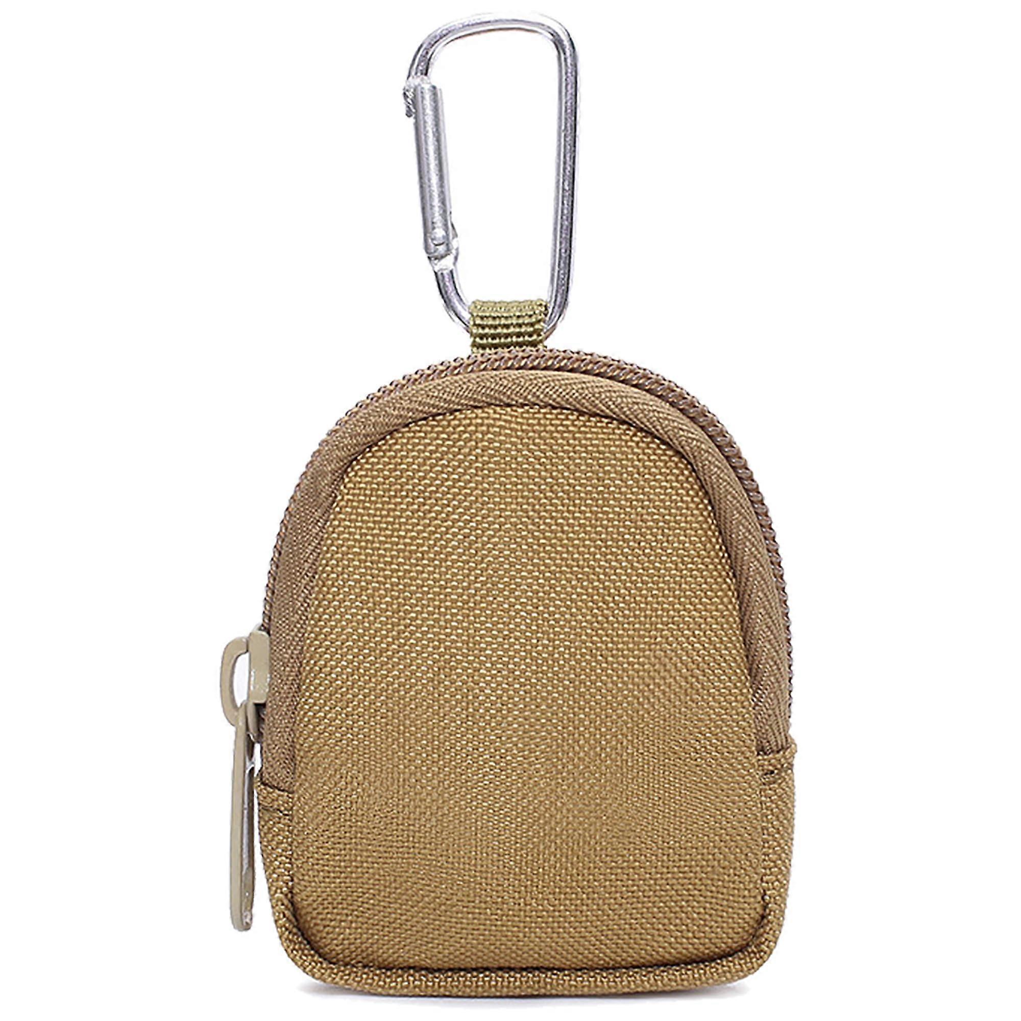 Brown Canvas Zippered Coin Purse - Compact Organizer with Keychain Clip for Waist Packs and Travel
