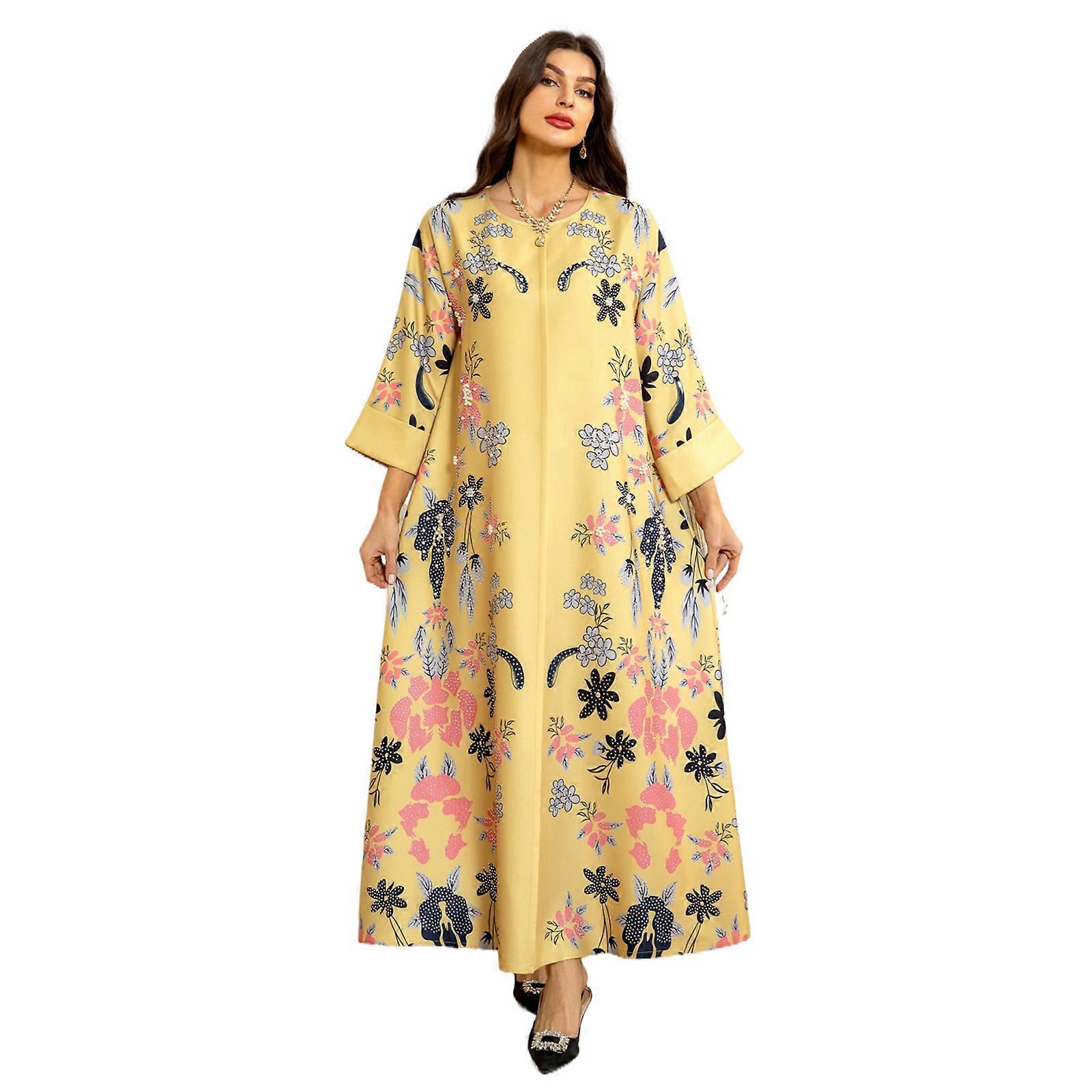 Frauen Kaftan Kleid Print Kleid Strass Perlen Besticktes Kaftan Kleid In voller Länge Islamisches Gewand Kleid Gebetskleid Gelb XL