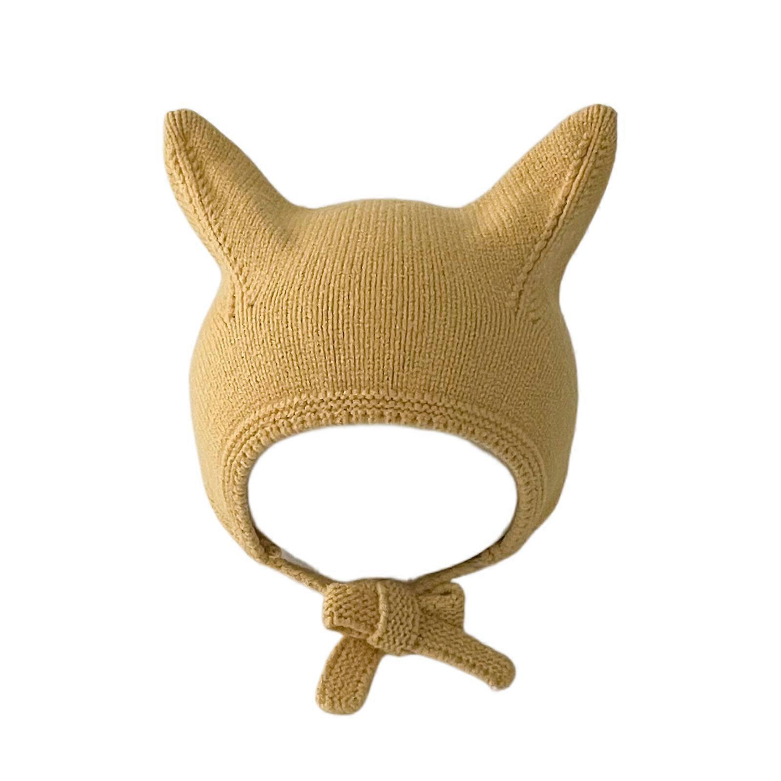 Chapeau d’hiver chaud pour bébé 3-24M bébé Casquette en tricot douce et confortable Bonnet de couleur unie à la mode avec décor de cornes de bœuf jaune