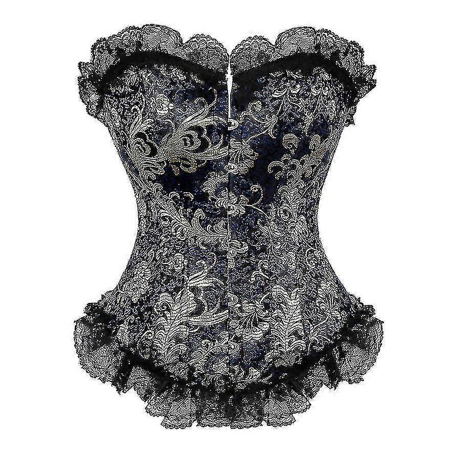 Frauen Satin Vintage Floral Spitze Overlay Overbust Bustier Taille Cincher Korsetts Dessous Top Gre Korsett L 803blue