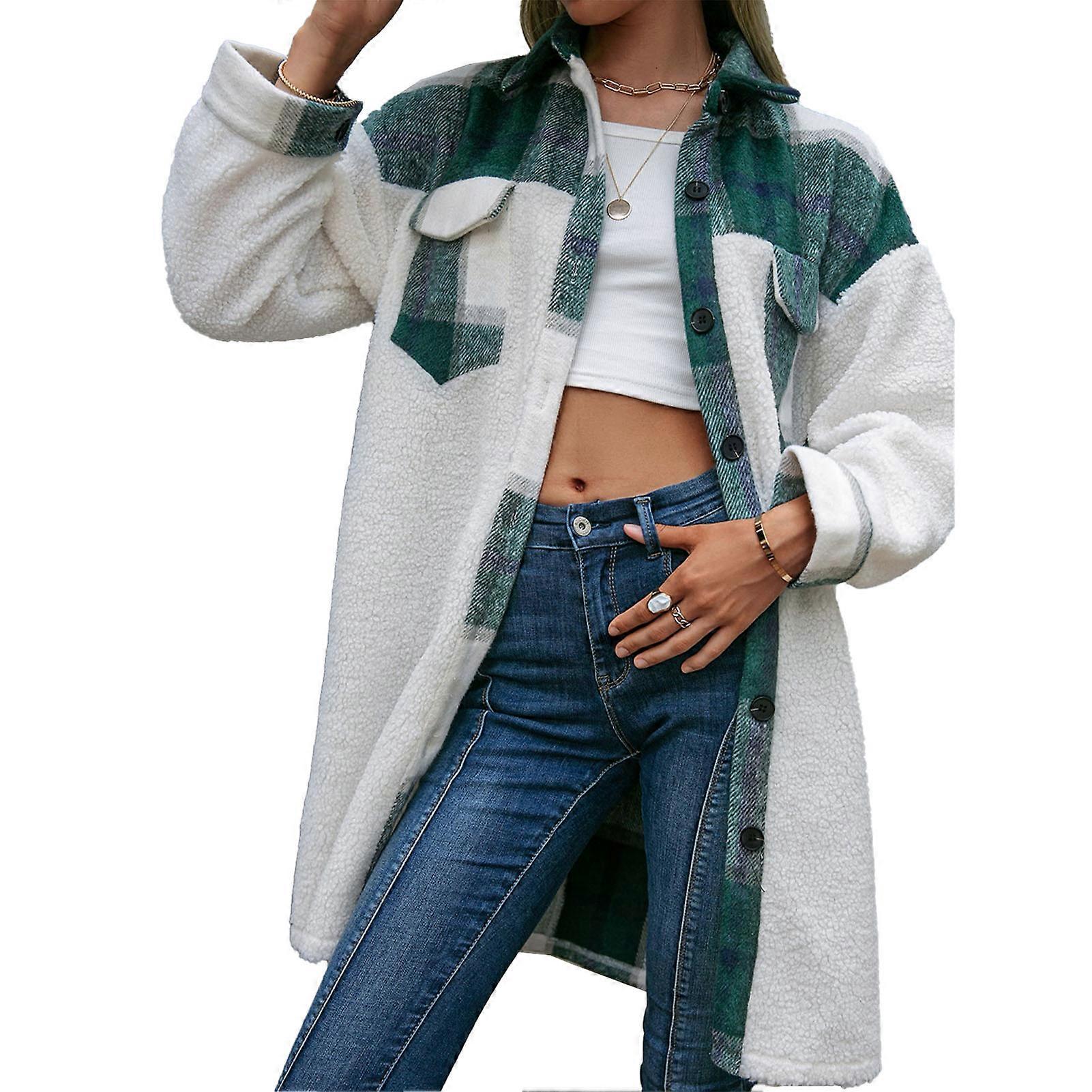 Women Shacket Long Sleeve Turn Down Collar Single Row Button Fleece Patchwork Plaid Coat