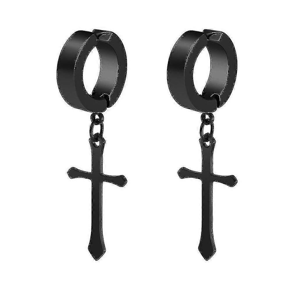 クロスダングルフープイヤリングセット、ステンレススチールなしピアス