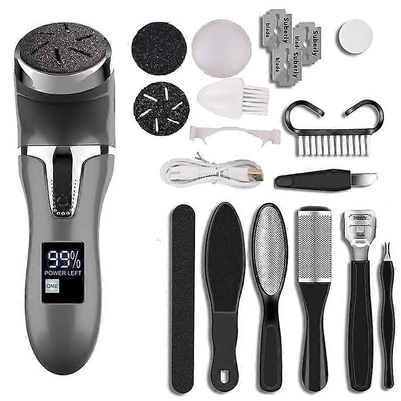 Electric Callus Remover Portable Pedicure Kit Rechargeable Waterproof Foot File with LCD Display and 3 Heads Dark Gray
