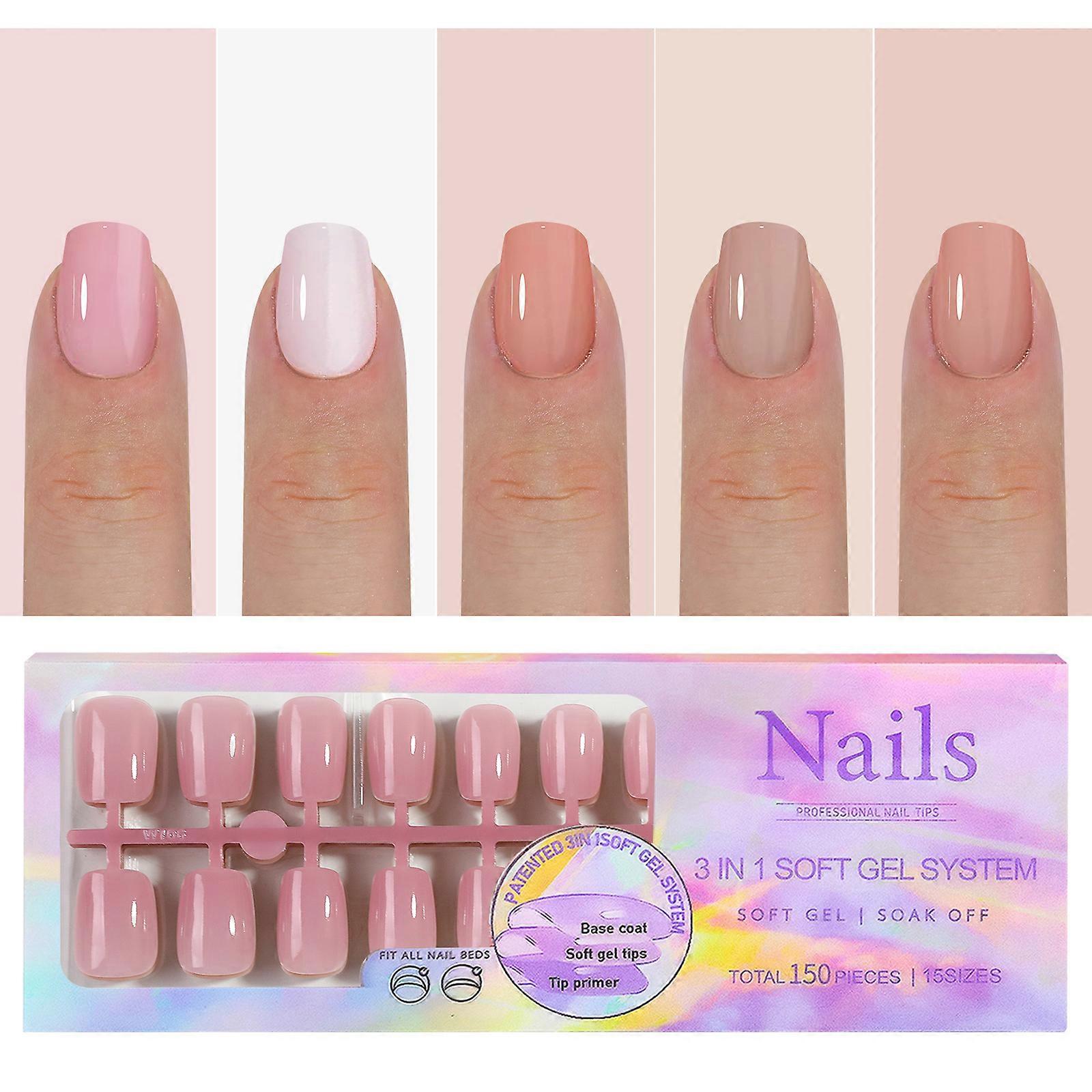 5 färger Soft Gel nagelspetsar, 15 storlekar, förapplicerad baslack