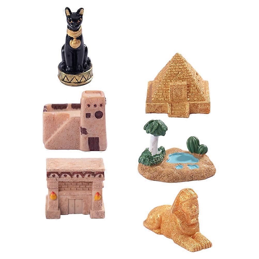 6pcs Miniature Egyptian Statues Resin Figurines for Desktop Decor, Ancient Castle Pyramid Models with Realistic Detailing for Moss Gardening and