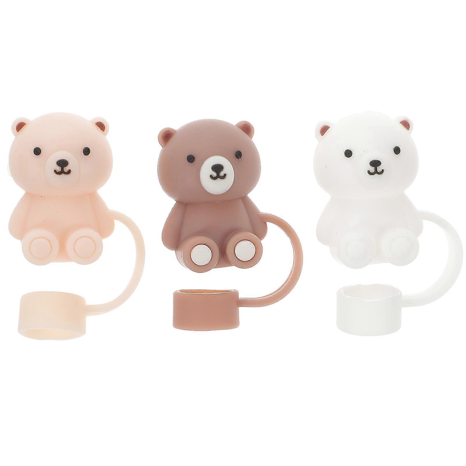 Silicone Straw Covers Reusable For Family Use 3Pcs Beige Bear Shape