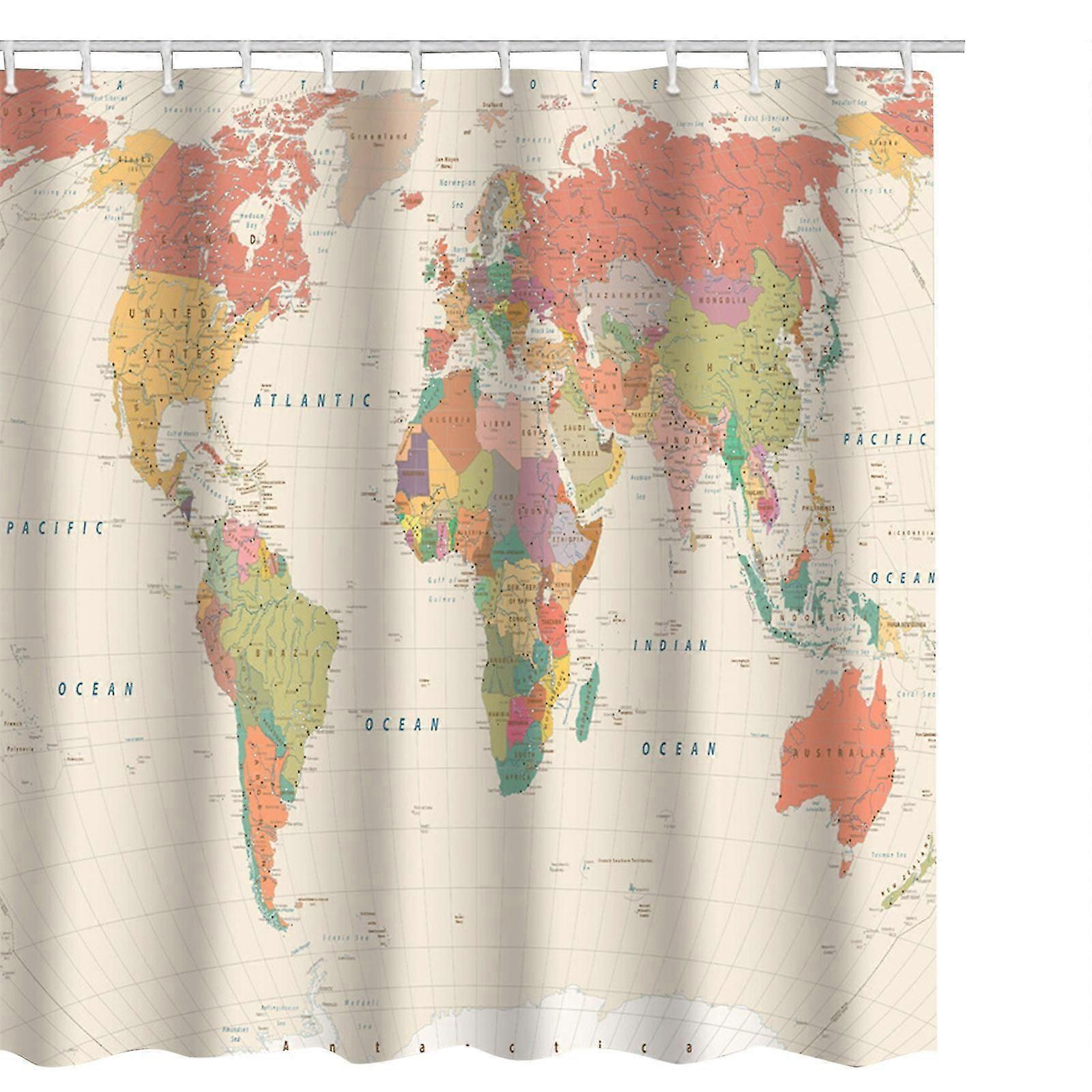 Waterproof World Map Design Shower Curtain With Plastic Hooks For Modern Bathroom Decor And Protection
