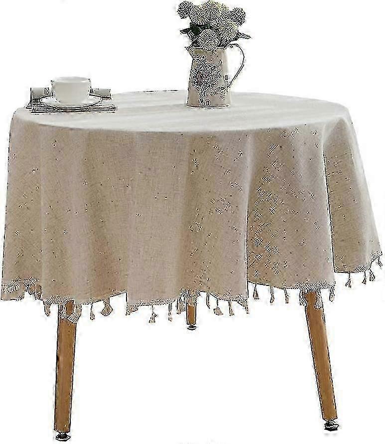 Solid Color Round Tablecloth With Tassels Cotton Linen Table Cover For Kitchen Dining