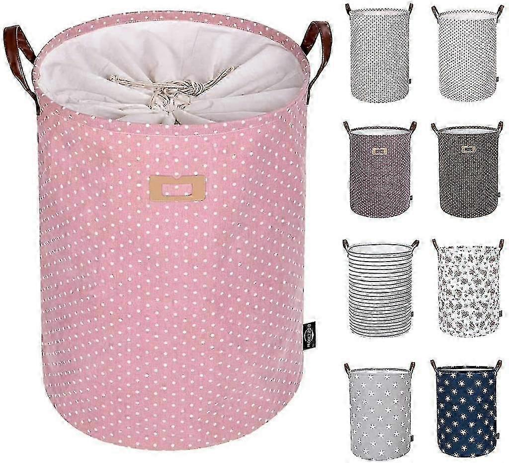 Thickened Foldable Round Storage Laundry Basket Cotton (Pink)