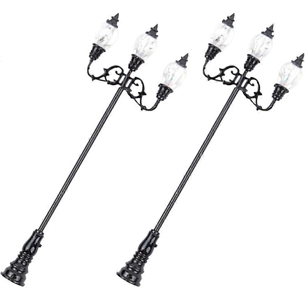 Mini Street Post Lights Model Sand Table Yard Lights 3-Head Light Models Black 3.3X9.5CM Scene Decoration 2Pcs