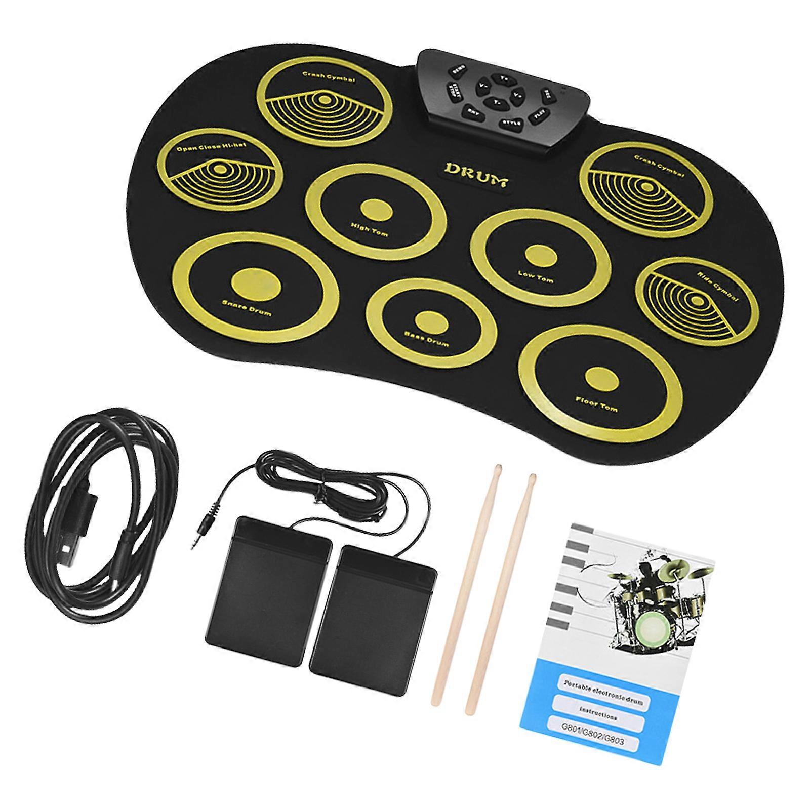 9 Pads Electric Drum Set, Practice Drum Machine with Headphone Jacks, Built-in Speaker Drum Pedals Drum Sticks Drum Pads  English yellow