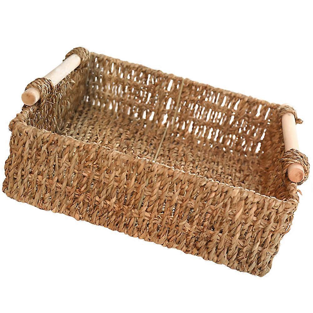 Khaki Desktop Storage Basket for Keys Cosmetics Made of Straw and Wooden Materials 29x29x9cm