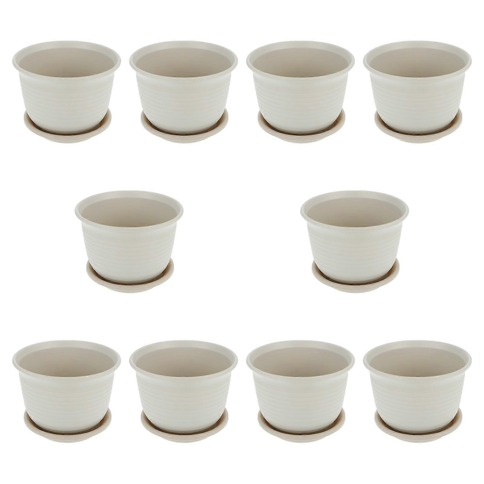 Flowerpot With Tray 10 Sets For Balcony Decoration Beige Plastic Round Planters Easy Movement