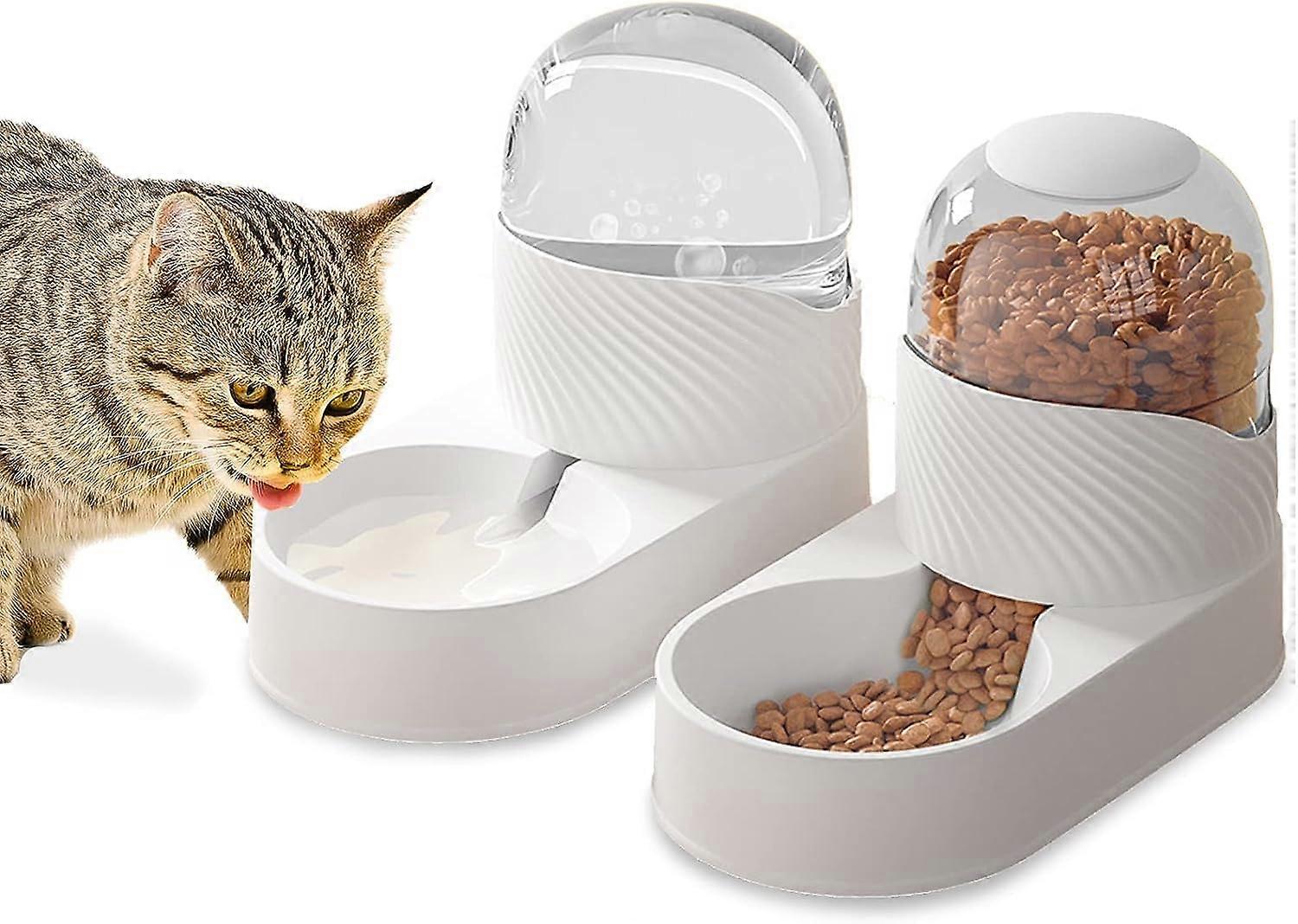 Automatic Cat Feeder, Automatic Gravity Dog Feeder, Automatic Pet Drinking Feeder, Cat Food Dispenser Set 2L for Small Pets, Puppies, Kittens (White)
