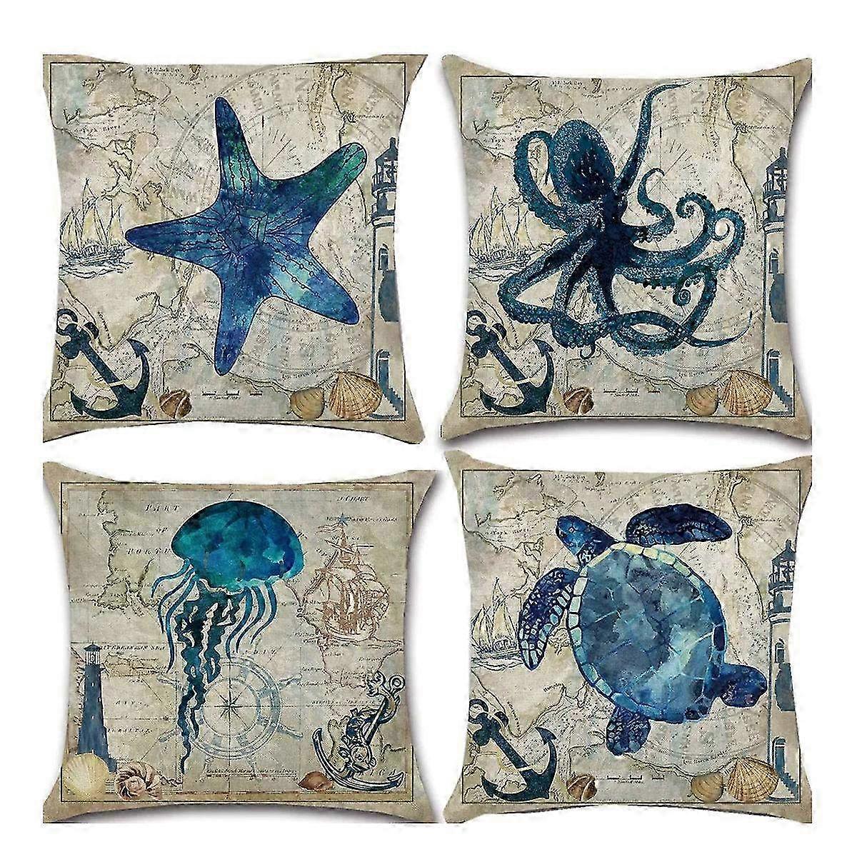 4-Piece Beach-Themed Decorative Pillow Covers - Soft Linen Coastal Cushion Cases 18x18 for Outdoor Sofa, Patio & Porch Decor