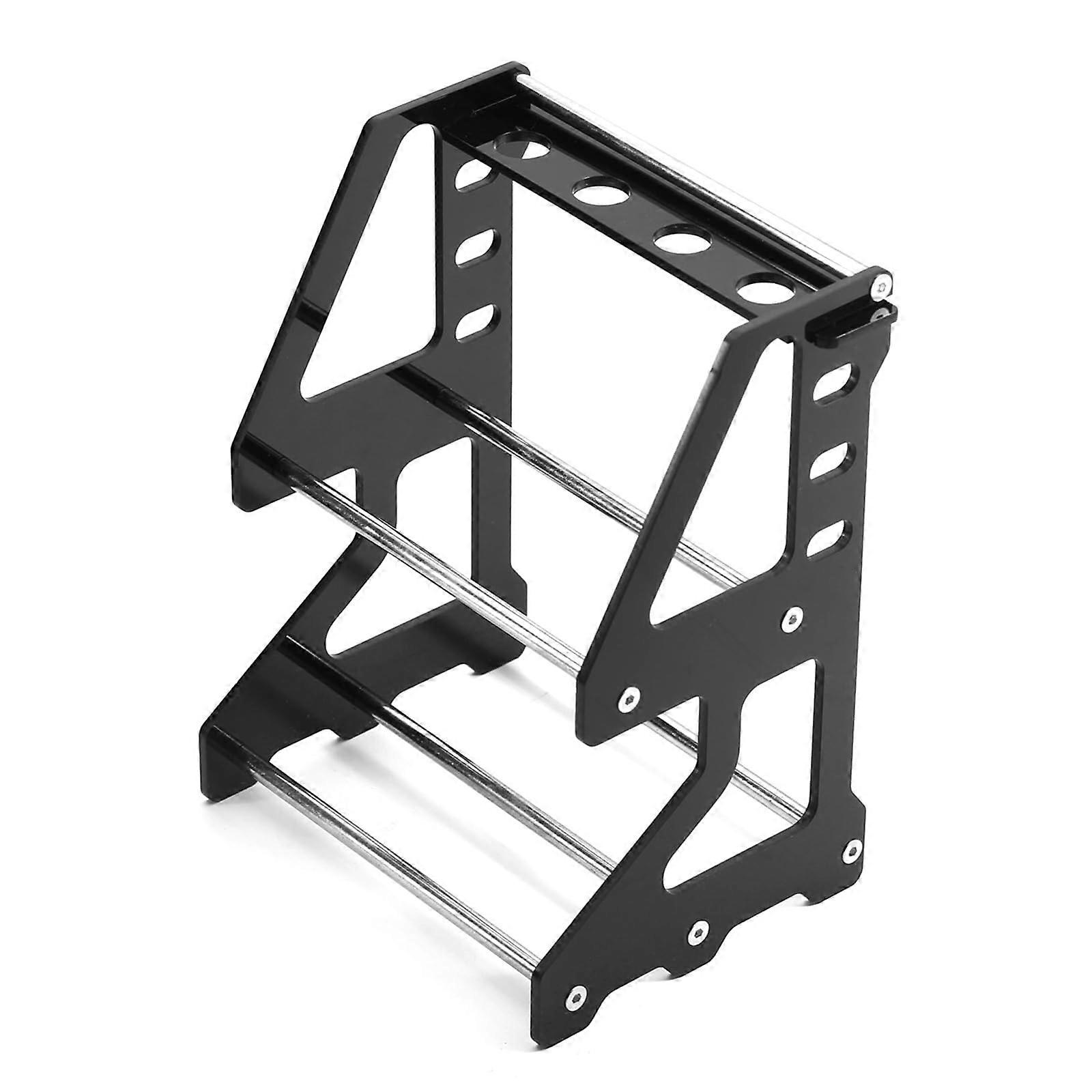 Robust alloy tire rack for remotecontrolled cars in 1/10 and 1/18 scale with vibrations.