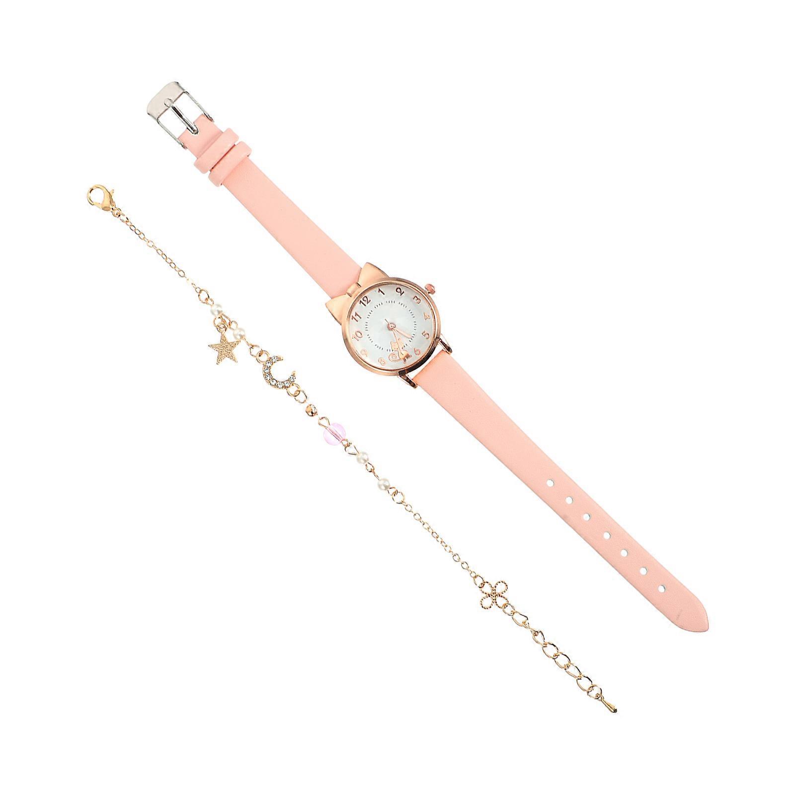 a polished product description for your **Cute Cat Quartz Watch and Bracelet Set**:

 

**Cute Cat Quartz Watch & Star Moon Bracelet Set for Women –