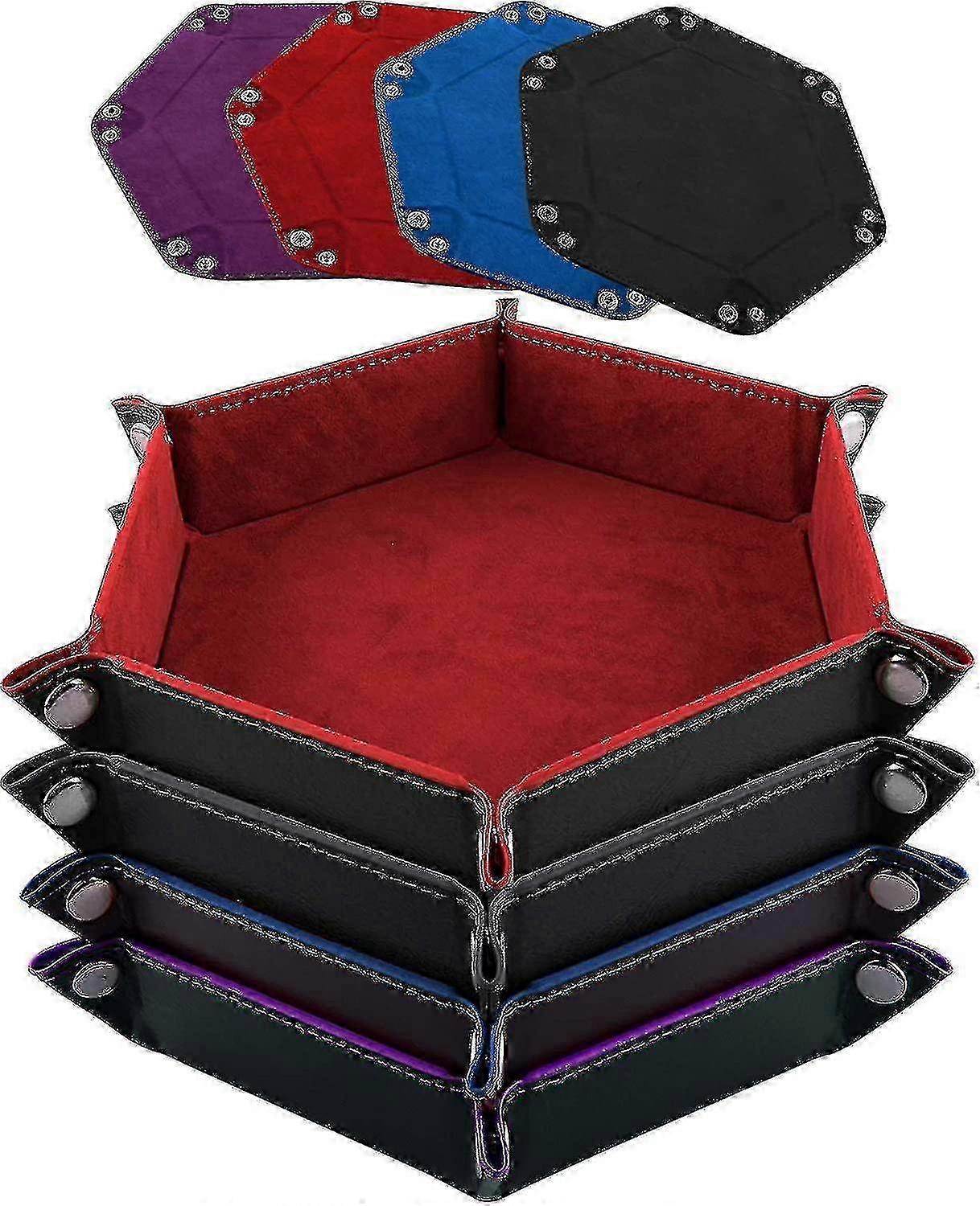 4-Piece Hexagon Dice Tray Set - Foldable PU Leather Rolling Tray Compatible with RPG, DND & Tabletop Games (Red)