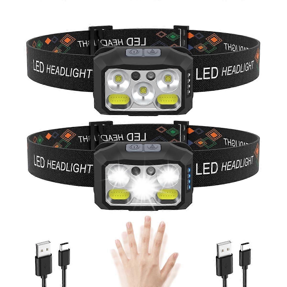 Headlamp Flashlight1200 Lumen Ultra-Light Bright 5LED Rechargeable Headlight, with White Red Light, 2-Pack Waterproof Motion Sensor Head Lamp(Black)