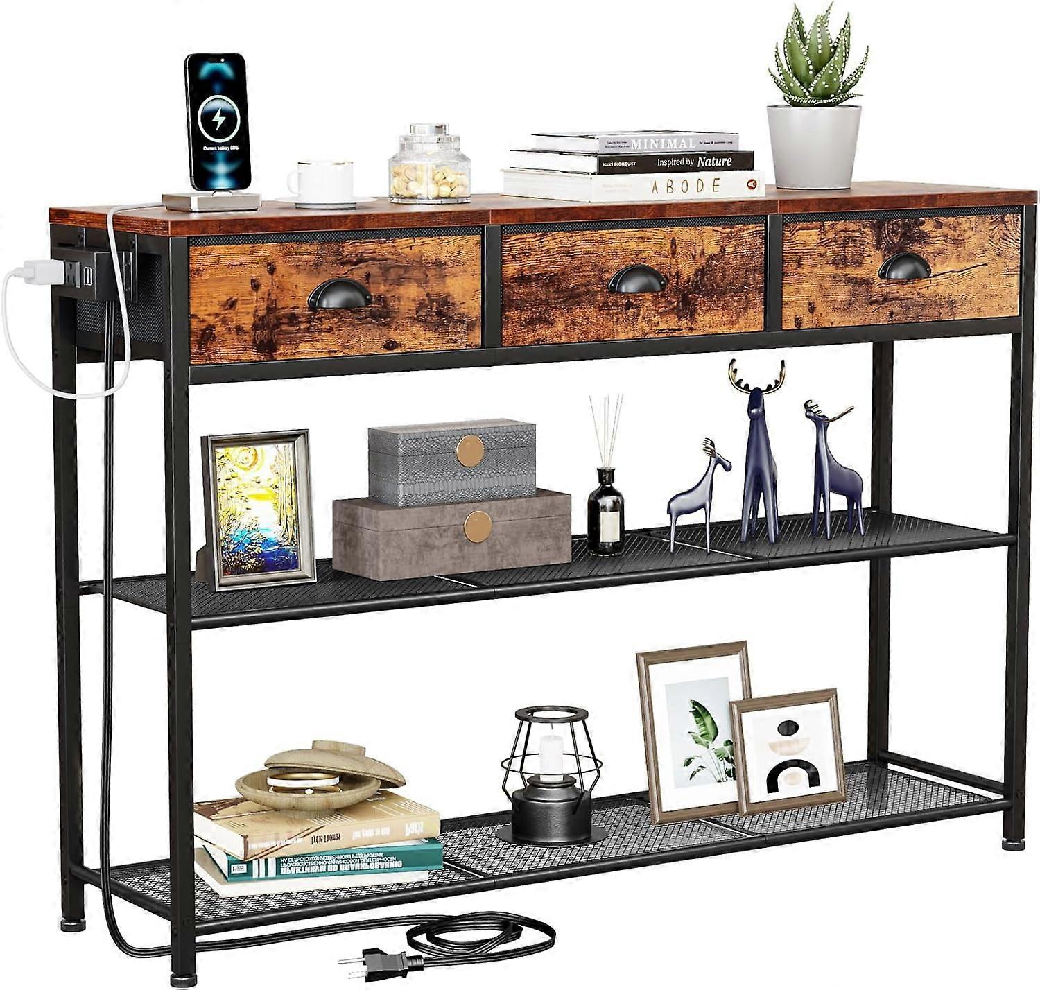 Console Table with Charging Station & 3 Fabric Drawers, 38'' Entryway Table with Storage Shelves, Industrial Foyer Table for Entry Way, Rustic Brown