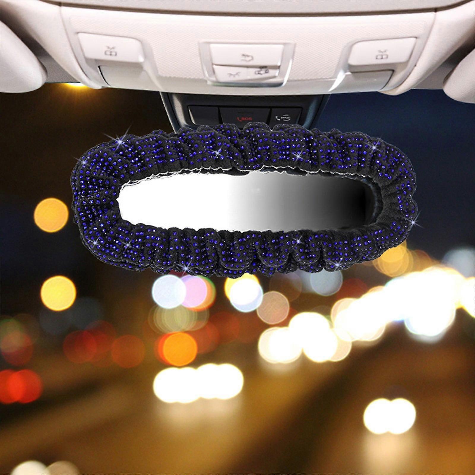 Qnjujn Car Mirror Cover with Diamond Decoration, Bling Elastic Plush Mirror Accessories Compatible with Most Cars, Blue