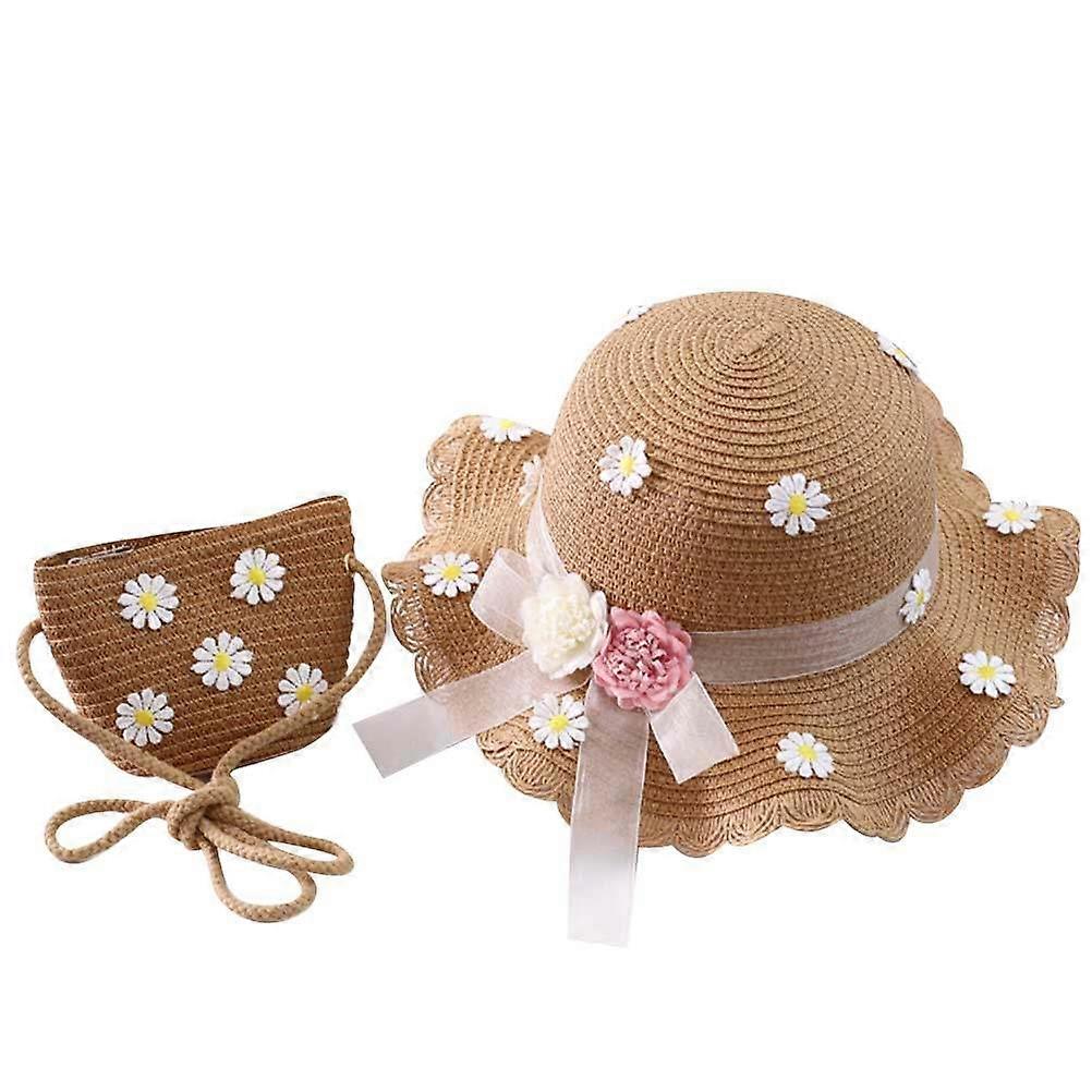 Sun Hat Toddler Straw Hat for Kids 4Pcs Khaki Daisy Pattern Summer Beach Set