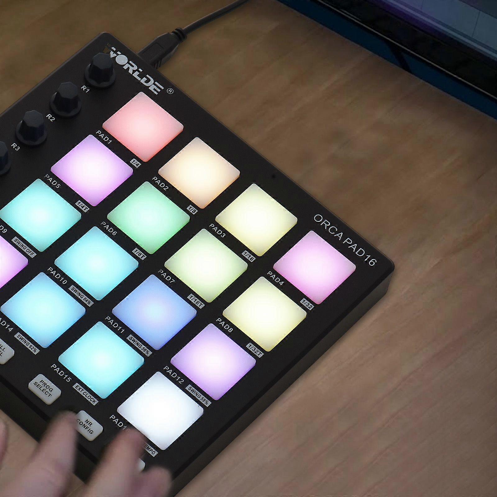 WORLDE MIDI Controller Beat Maker Machine 6 Assignable Knobs Note Repeat Full Level Buttons and Production Software Portable Mini MIDI Controller Pad 
