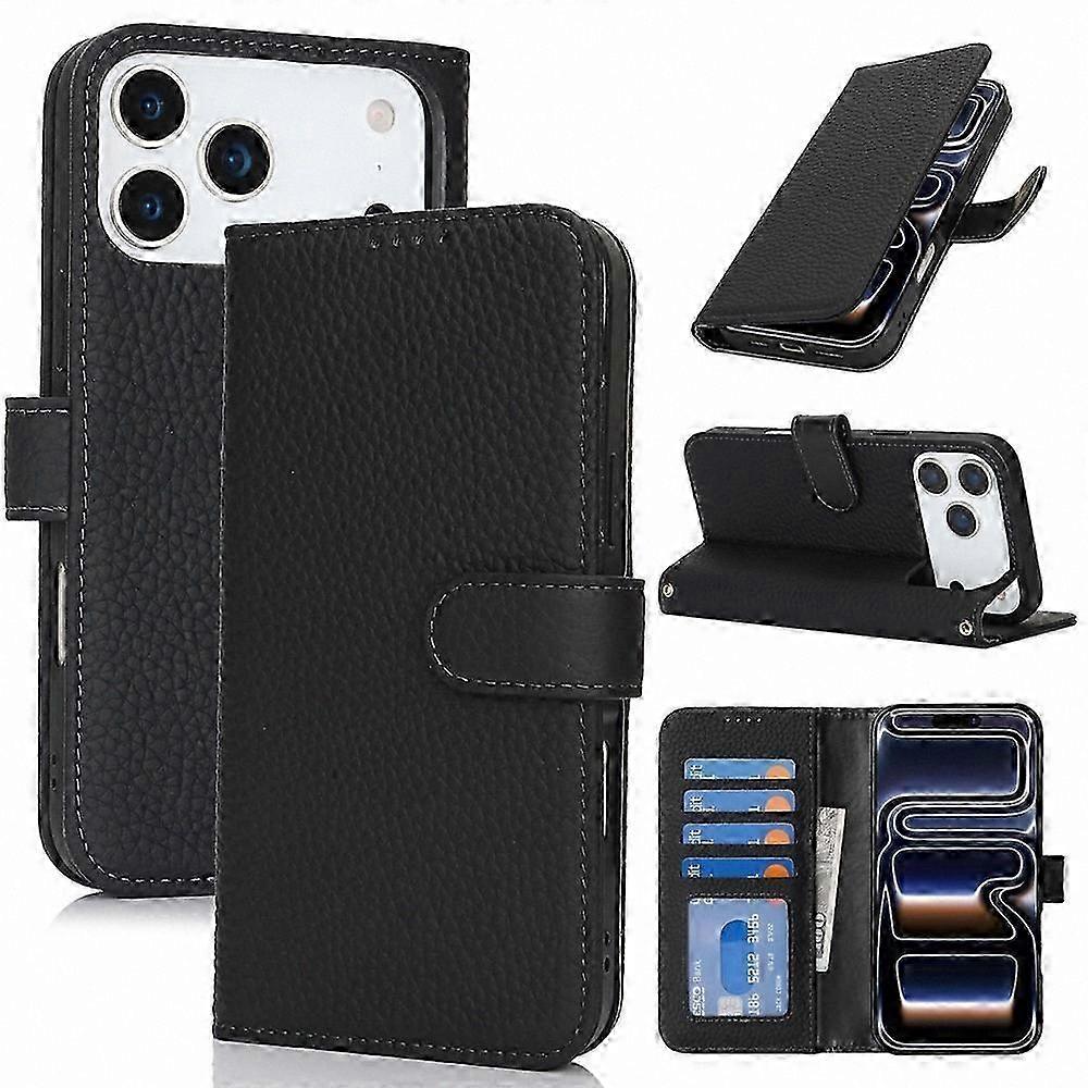 Cowhide Leather Wallet Case with RFID Protection and Litchi Texture for  17 Pro Stand Function Phone Cover