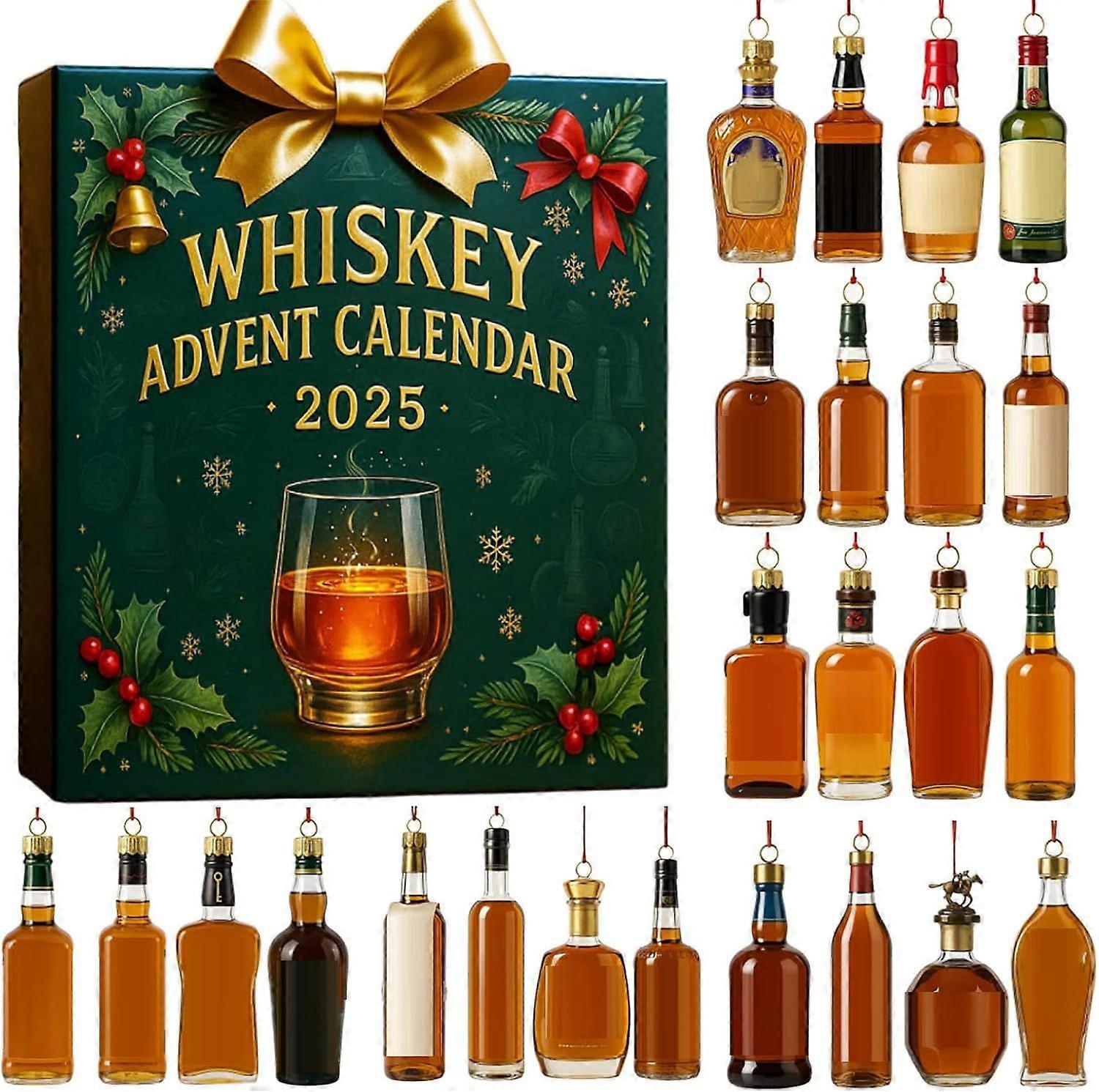 2025 Whiskey Advent Calendar, 24 Days Whiskey Countdown Calendar With 24 Whiskeys Christmas 2D Acrylic Ornaments, Christmas Tree Ornament, Gift for Wh