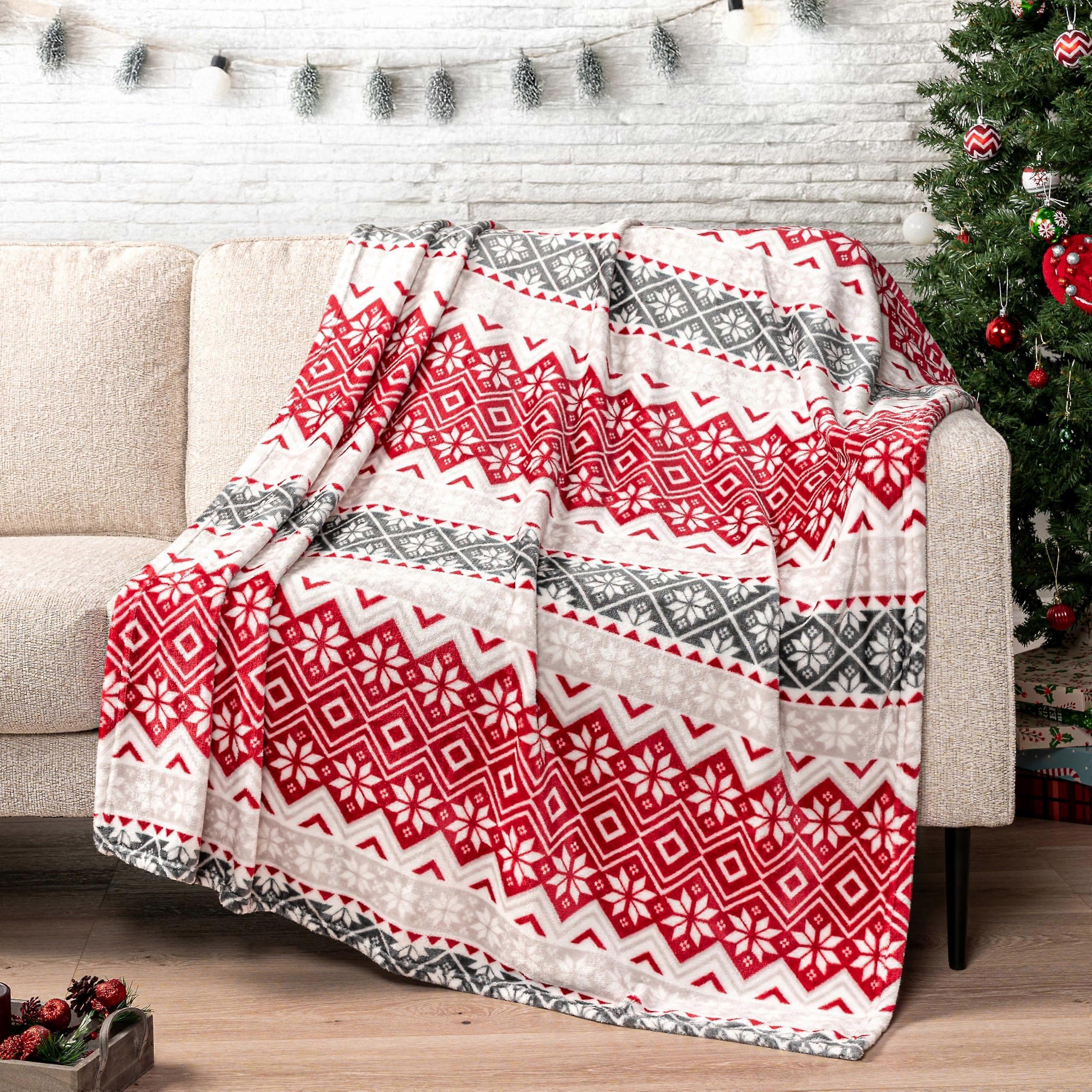 Christmas Throw Blanket Fleece 60 x 80 Inches Twin Red Snowflakes Soft Plush
