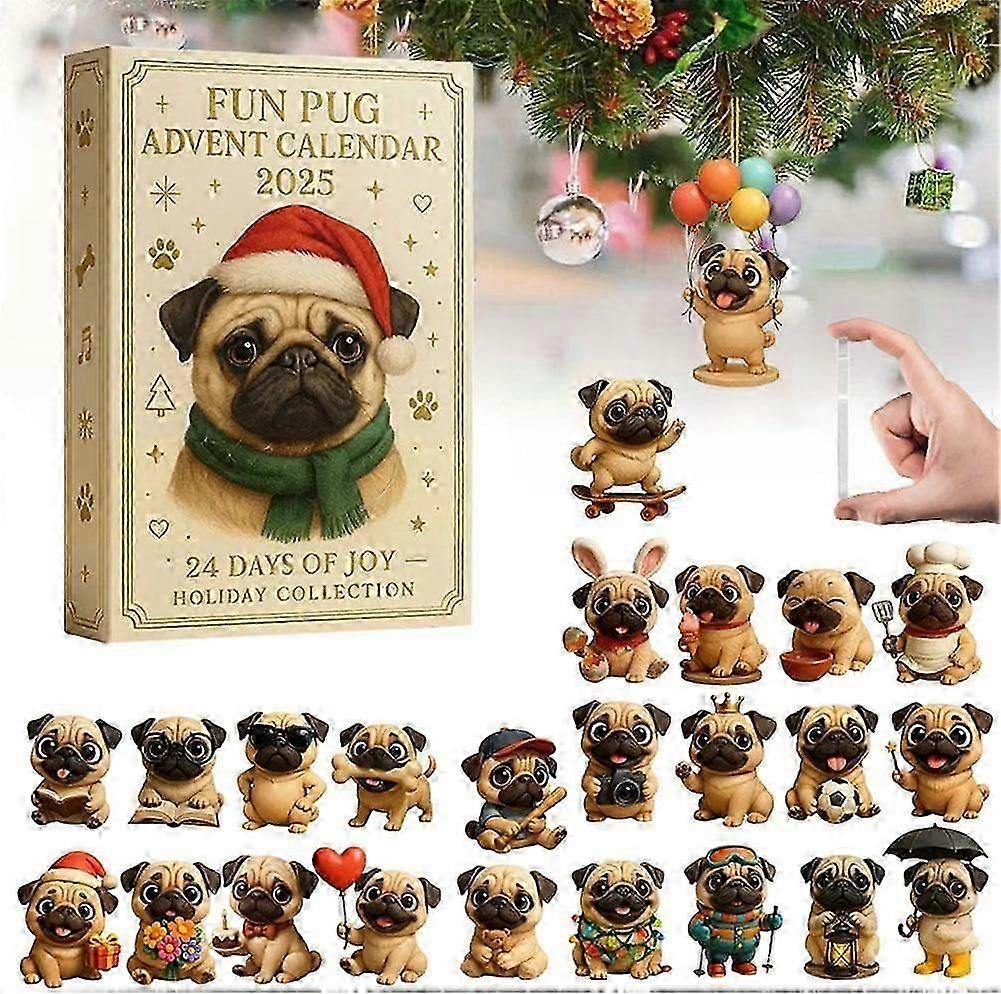 Pug Advent Calendar 2025, 24 Days Christmas Advent Calendar with Cute Pug Dog Hanging Ornaments, Funny 24 Days Christmas Countdown Calendar, Holiday D