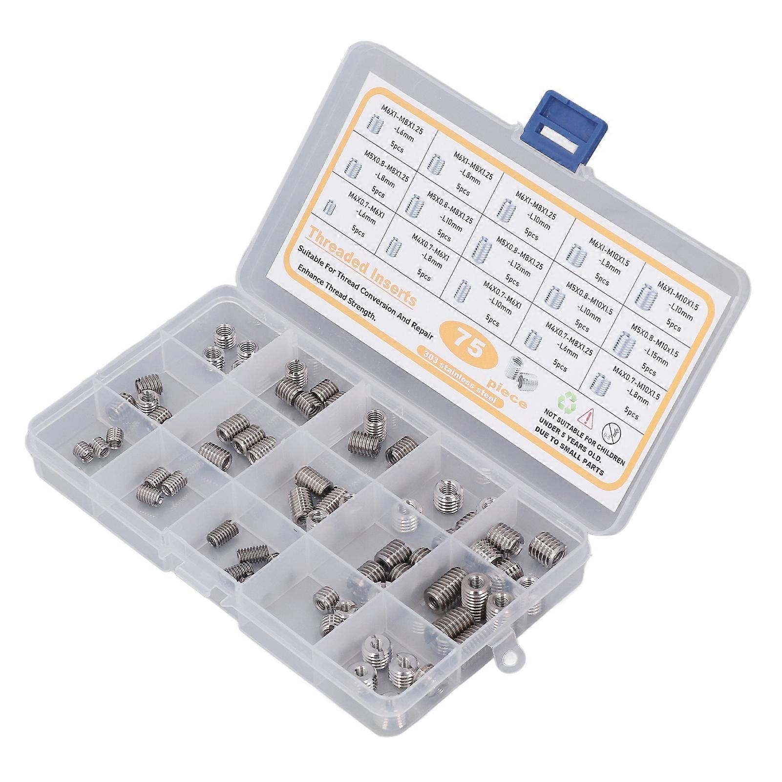 75Pcs Stainless Steel Threaded Inserts Nuts Assortment Tool Kit for Thread Repair