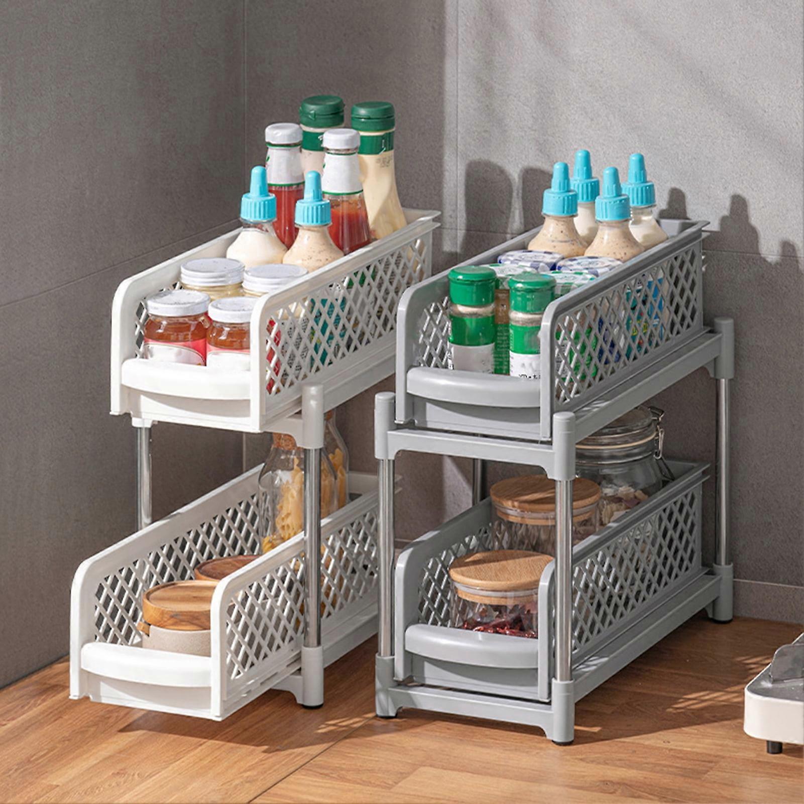 SUSUchens Sliding Under-Sink Organizer, Double-Layer Storage Rack, Large Capacity, Strong Load-Bearing, Easy Assembly, White, Size M