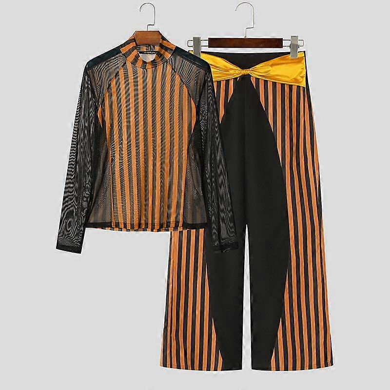 INCERUN Two-piece Men Long Sleeve Striped Mesh Sheer Crop Tops Bow Elastic Waist Pants Sets