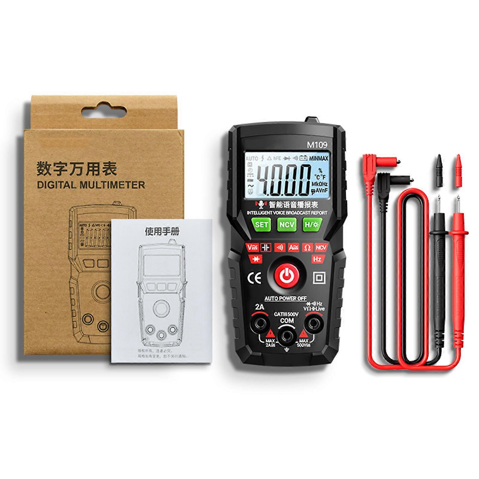 Auto Shutdown Voice Reading Multimeter NCV Detection Design Clear Button ABS Construction Probes and Manual  Black