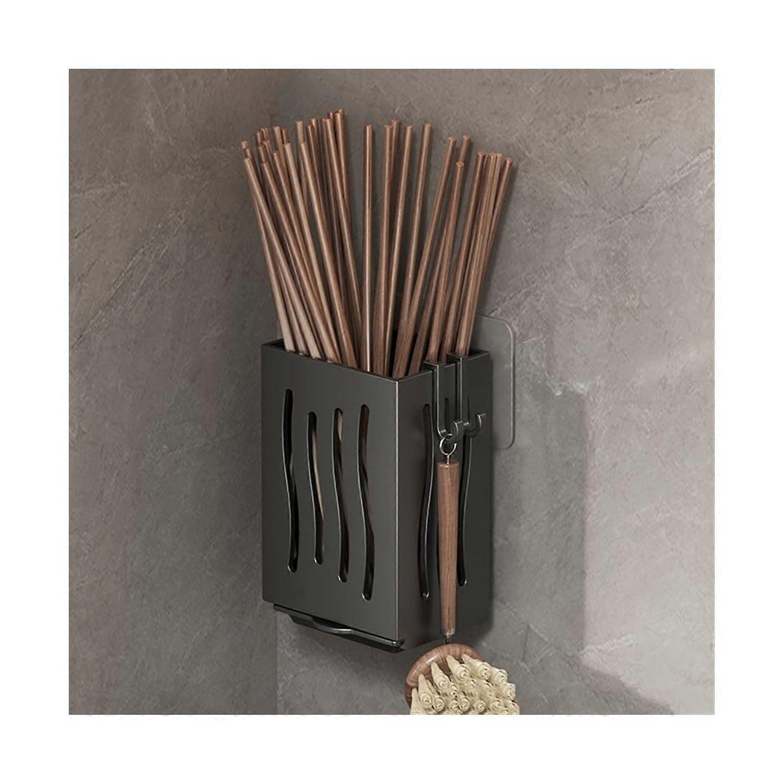 Wall Mounted Kitchen Utensil Holder with Drain Tray, Space Saving Cutlery Drainer with Hooks, Black