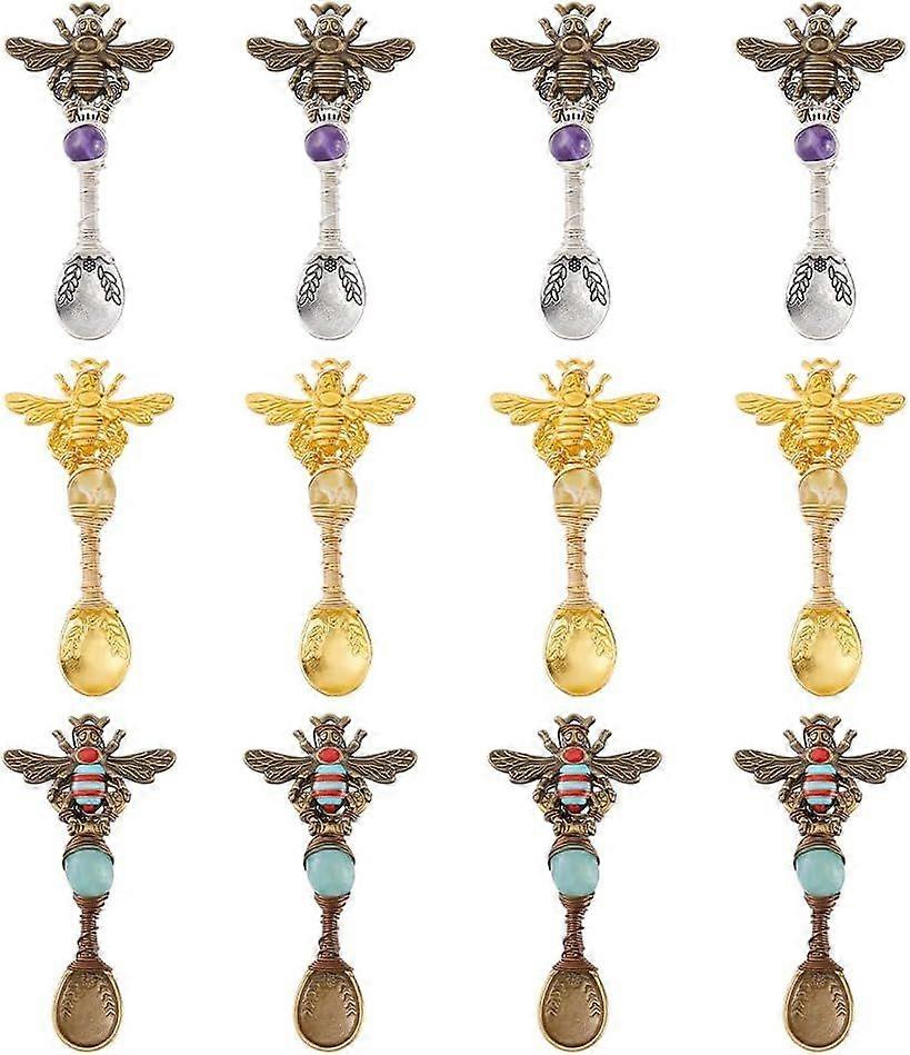 12Pcs 3 Colors Alloy Spoon Charms 2.56" Long Bee Spoon Alloy Charms Wire Wrapped Spoons Charms with Gemstone Mini Tableware Charm for DIY Crafts Keych