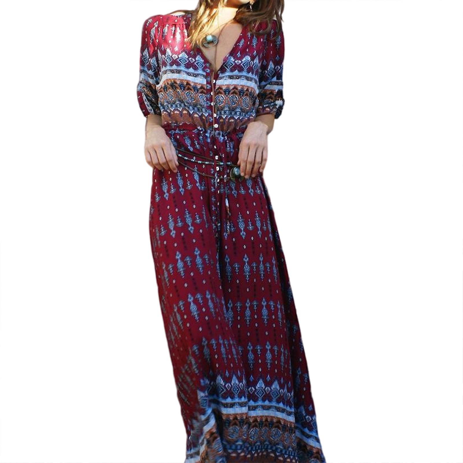 Damska sukienka zakrywająca guzik w dół Deep V Sukienka maxi z rękawem średniej długości