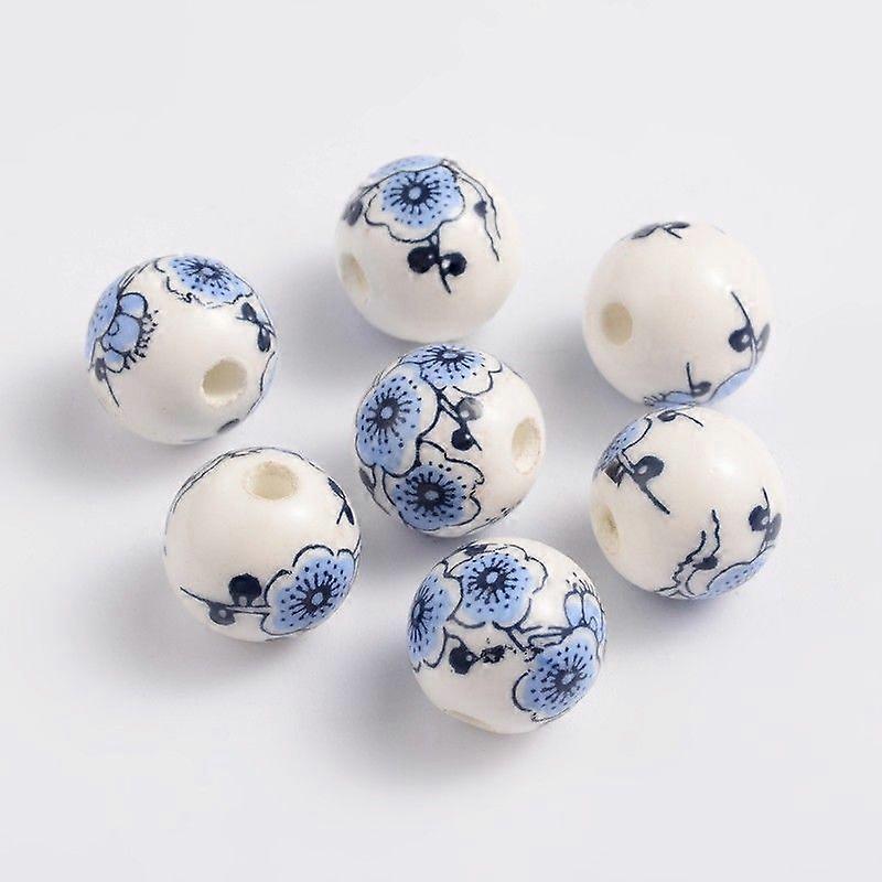 Handmade Printed Porcelain Beads Round Blue 12mm Hole: 3mm