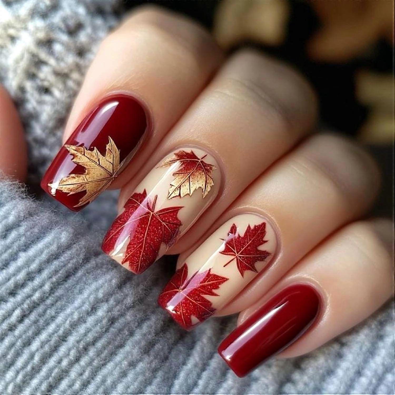 Fall Press On Nails with Maple Leaf Designs Medium Square Fake Nails Set 24pcs Reusable Acrylic