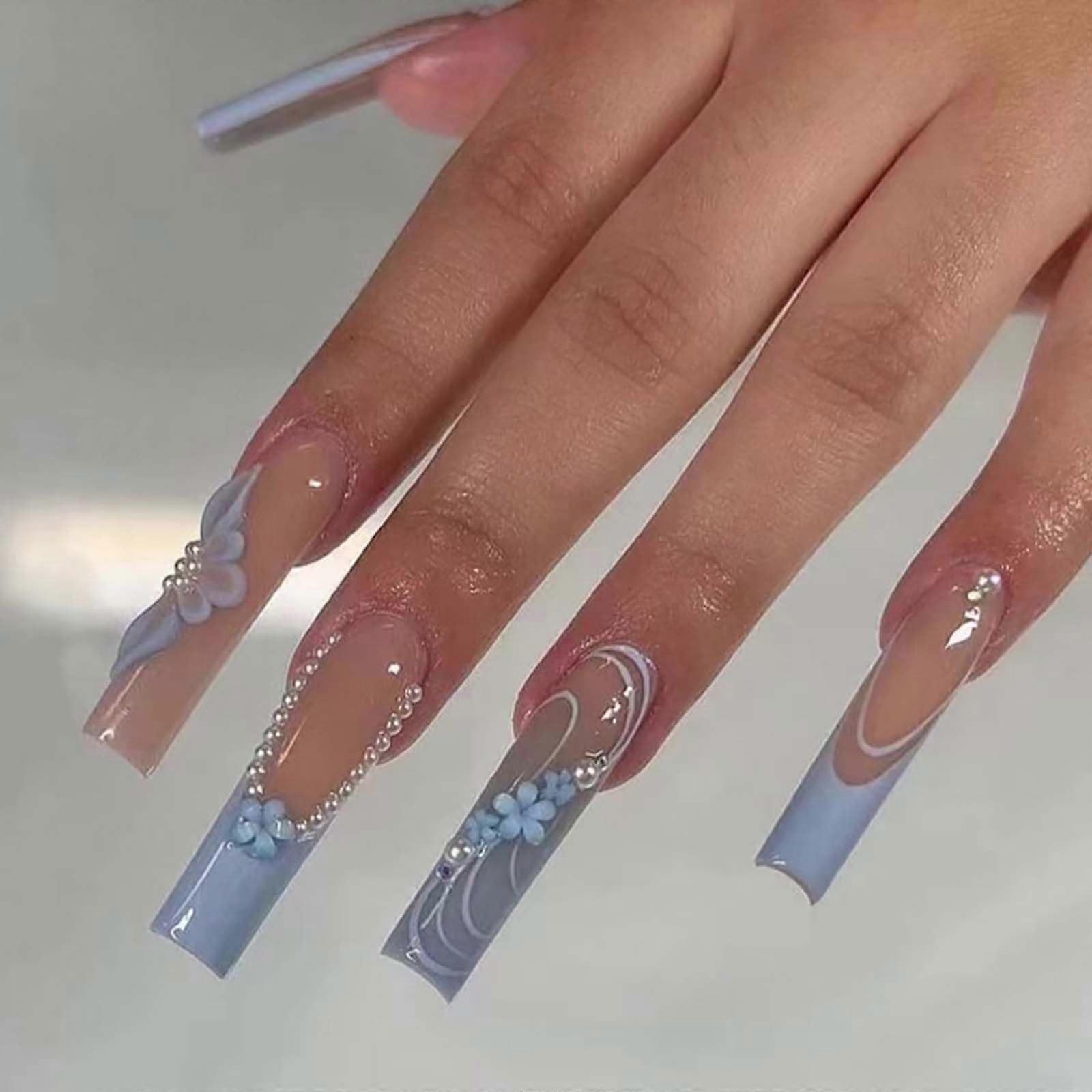 Long Square Press On Nails Gradient Blue 3D Daisy Pearl Fake Nails Reusable Set 24pcs